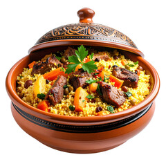 Delicious Moroccan tagine with couscous and vegetables. cut out. transparent background