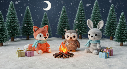 Adorable Amigurumi Forest Friends Winter Night Bonfire Scene