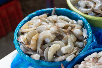 Fresh shrimp neatly arranged in blue container at seafood market, shrimp concept