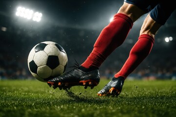 Naklejka premium Close-up football action with player's foot connecting with soccer ball in professional stadium