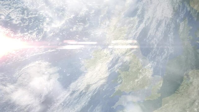 Earth zoom in from space and focus on Omagh, Northern Ireland, Tyrone, Great Britain. Background for travel intro or blog. Satellite view. 3D style Animation. Images from NASA.
