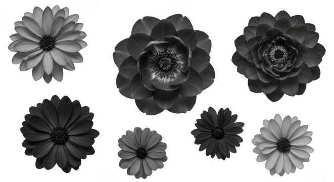 Isolated Floral Illustration Black and White Blossoms on Transparent Background