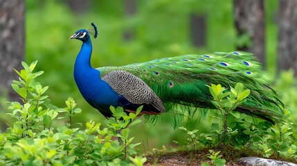 Obraz premium Majestic Peacock Displaying Vibrant Feathers in Lush Green Forest Environment