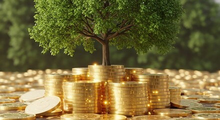 A tree growing from a pile of gold coins, symbolizing financial growth, investment, and wealth.