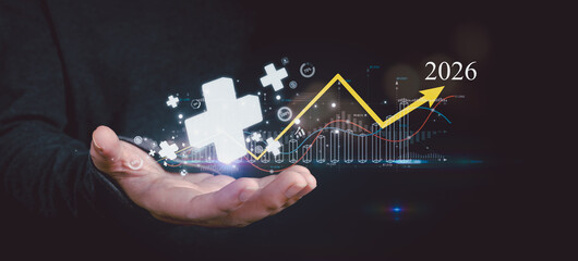 Hands display a glowing digital interface with plus icons, symbolizing self-improvement, social...