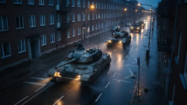 Tank Convoy Moving Through City Street on Rainy Evening