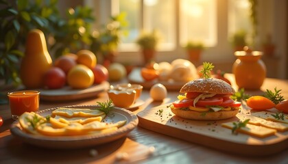 Delicious Healthy Breakfast with Sandwich, Fruits, and Cheese