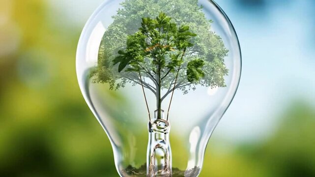 Eco friendly light bulb concept showing plant growing inside for green energy and sustainability idea