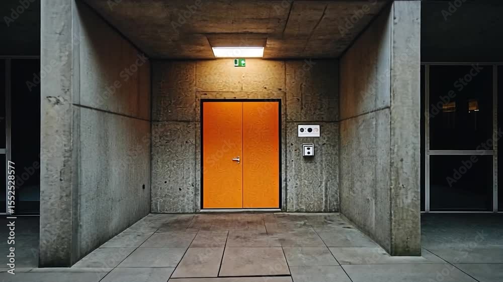 Poster orange double door in concrete structure with geometric design and fluorescent light