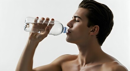 Hydrated man drinking water from a plastic bottle against a white background