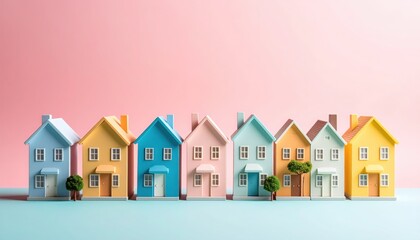 Colorful Toy Houses in a Row on Pastel Background