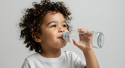 Thirsty toddler with curly hair drinks water from a clear plastic bottle