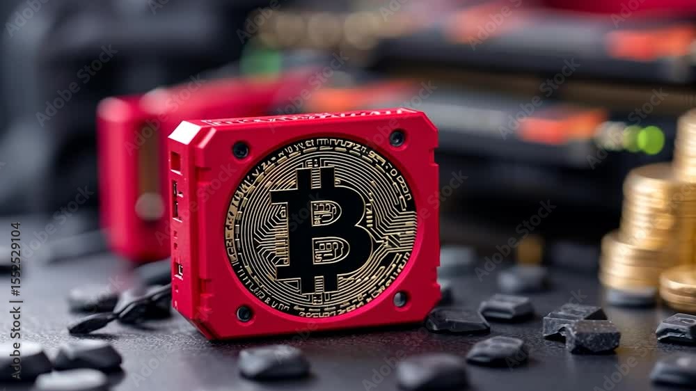 Poster Close-Up Of Red Bitcoin Electronic Device With Gold Coins And Computer Components