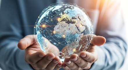 A person holds a holographic representation of the Earth, showcasing global interconnectedness.