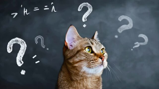 Confused feline with yellow eyes gazing at chalkboard filled with question marks and math equations showing curiosity and puzzlement