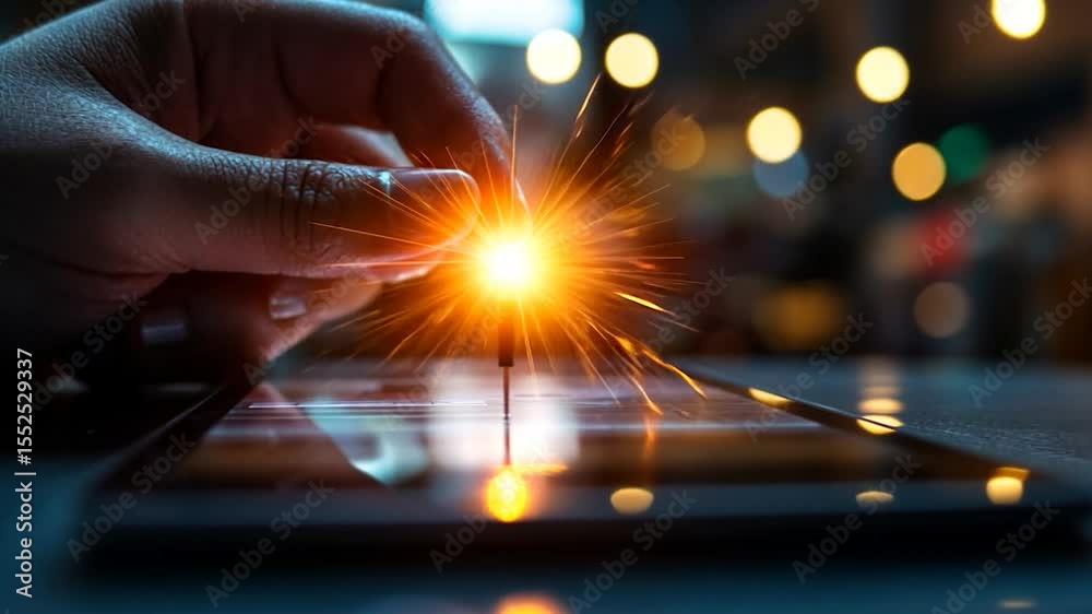 Poster hand holding sparkler over tablet display with orange and yellow glow against blurred lights