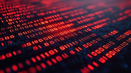 Close-up of red and orange binary code on a dark digital screen, symbolizing data, programming, and cybersecurity concepts.
