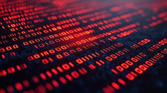 Close-up of red and orange binary code on a dark digital screen, symbolizing data, programming, and cybersecurity concepts.