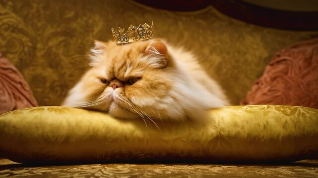 Fat grumpy feline cat wearing tiny golden crown resting on fluffy golden cushion with luxurious vintage background showing regal moody pet expression