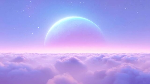 Hyperreal planet horizon with cosmic clouds floating in serene purple and blue sky filled with stars creating dreamy calm atmosphere at dawn