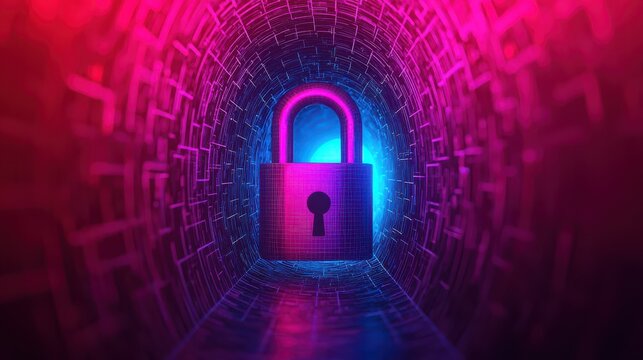 A glowing padlock in a digital tunnel symbolizes cybersecurity and data protection with vibrant pink and blue neon lights.