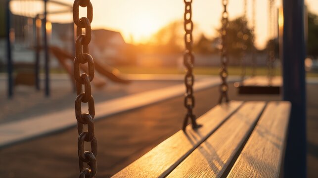 Empty swing at sunset in a playground, evoking nostalgia with soft golden light