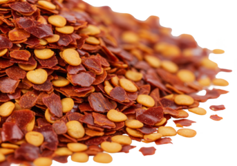 Isolated Pile of Red Pepper Chili Flakes Spice Macro with Transparent Background