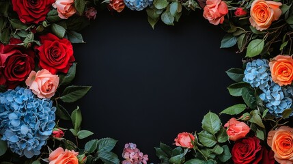 Frame of flowers in black background, for greeting banner