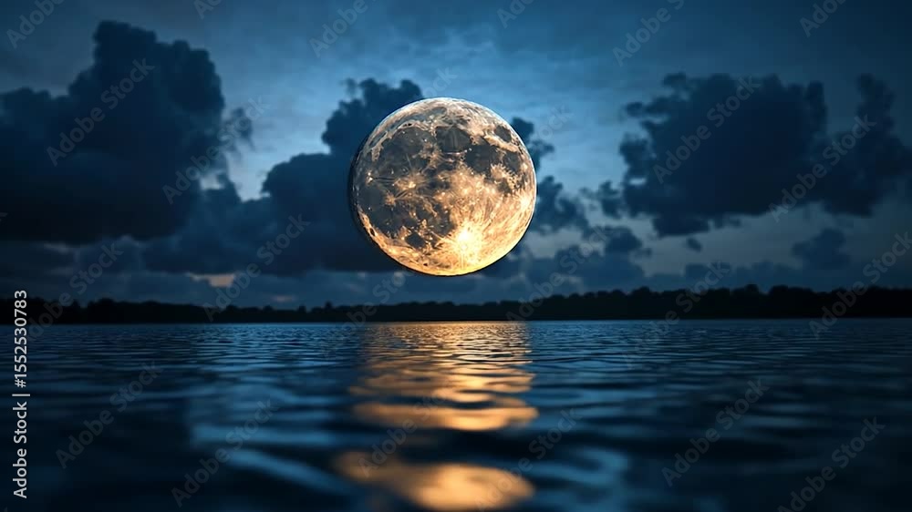 Poster Nighttime Scene Featuring Illuminated Moon Reflection on Water with Dark Skies and Trees