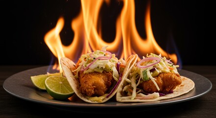 Flamb?ed Fish Tacos Sizzle with Flavor on a Dark Background