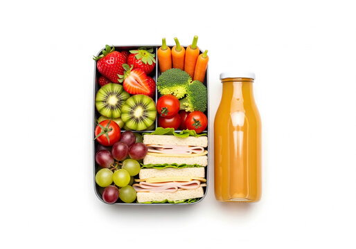 School lunch flat lay with healthy bento box and juice for kids food education