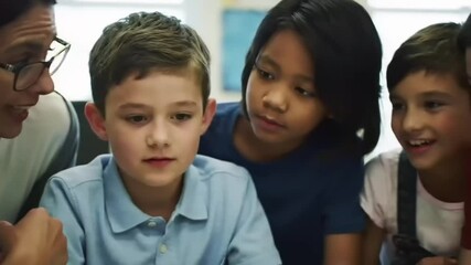 Engaging classroom scene with a teacher guiding children in a learning activity, fostering collaboration - Powered by Adobe