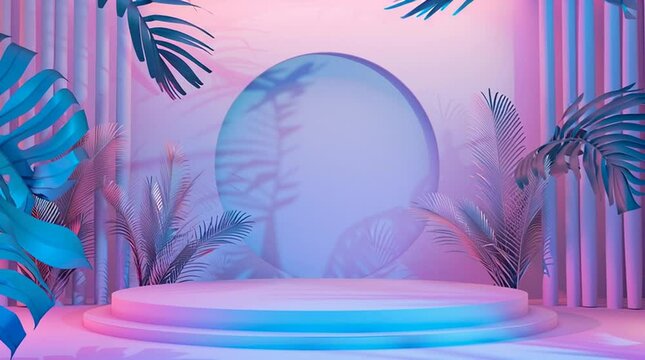 Tropical Paradise Stage: A serene and vibrant scene featuring a blank stage with lush tropical leaves and a circular backdrop, perfect for showcasing products or themes related to travel, beauty.