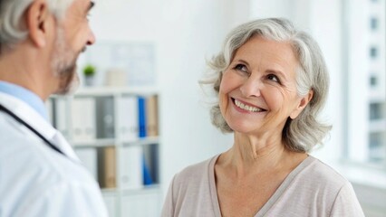 Fototapeta premium Happy Caucasian Senior Woman During Medical Check-Up by Doctor in Clean Hospital Room