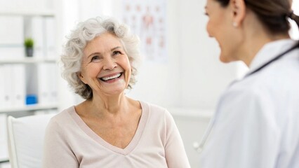 Obraz premium Happy Caucasian Senior Woman During Medical Check-Up by Doctor in Clean Hospital Room