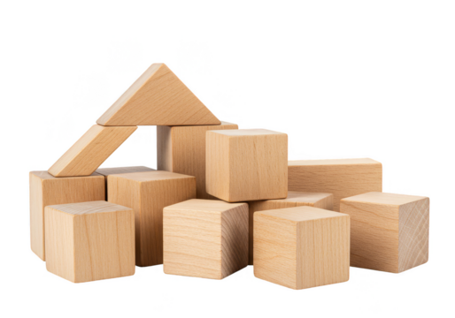 Isolated Wooden Block Toy Cubes Building Structure in Transparent Background