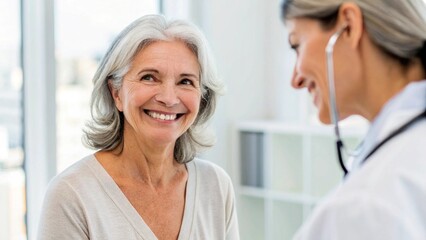 Obraz premium Happy Caucasian Senior Woman During Medical Check-Up by Doctor in Clean Hospital Room