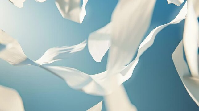 Floating Papers: Sheets of white paper dance and twirl in the air, their edges catching the light, against a backdrop of gentle blue sky.