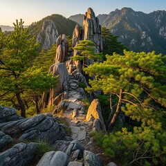 Serene Rocky Path Through Pine Forest in Mountain Landscape By Generated AI