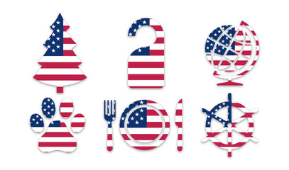 4th of July Poster American Flag Icon Set for Independence Day with Tree Paw Door Sign Globe Clock Food Decor