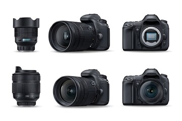 Professional Photography Gear Black DSLR Camera Bodies and Lenses Isolated on White Background