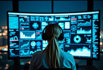 Woman with headphones views financial data graphs on a large computer monitor at night with city lights visible in the