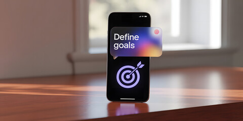 "Define goals" text with target icon on smartphone screen and gradient bubble
