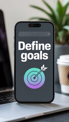"Define goals" text on smartphone with gradient target icon on laptop
