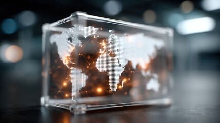 Global Network Connectivity: A Futuristic Visualization of Worldwide Interconnection within a Transparent Cube, Showcasing Data Flow and Digital Infrastructure.