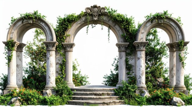 Ruined Stone Archway with Columns and Vegetation on White Background