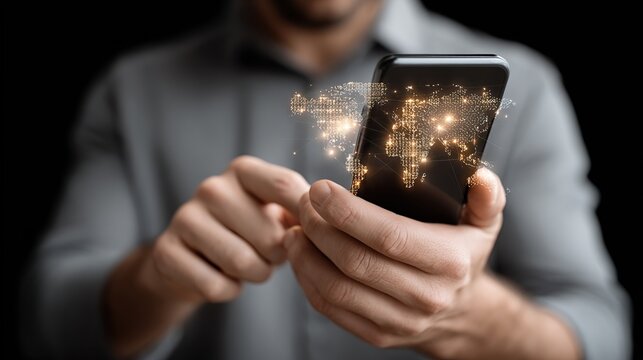 Global Connectivity: Man Using Smartphone to Access Worldwide Network, Digital Map Hologram Illustrating Interconnectedness.