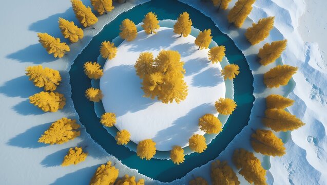 Aerial view of golden trees arranged in a circular pattern around a frozen lake