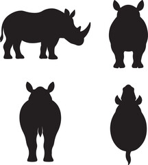 Rhinoceros silhouette of icons set side, front, back, and top views vector art illustration