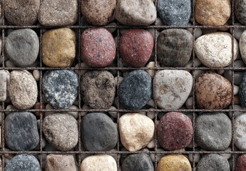 A grid of various colored and textured stones neatly arranged within a rusty wire mesh, creating a visually appealing pattern